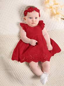 SHEIN Newborn Baby Girl Floral Trim Round Neck Ruffle Waist Dress - Red - View 3