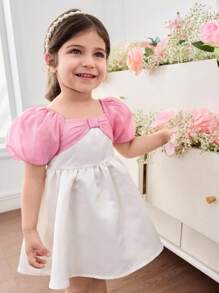 SHEIN Baby Girl Woven Contrast Color Puff Sleeve Snug Fit Dress - Pink - View 5