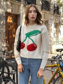 Chiquease Women's Minimalist Long Sleeve Cherry Knit Pullover Sweater - Apricot - View 4
