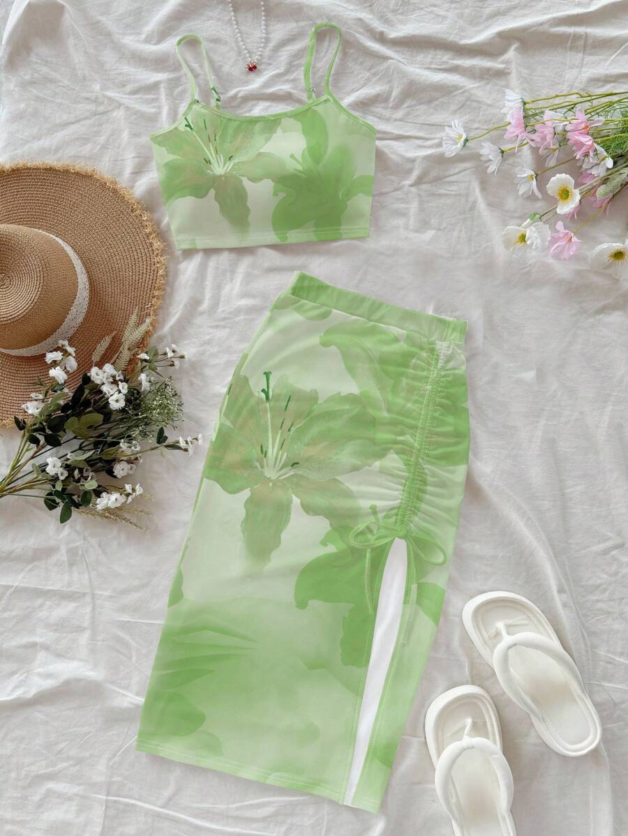 Soleia Set de top de tirantes y falda envolvente con estampado de lirio y hibisco en estilo teñido anudado casual de vacaciones para mujeres