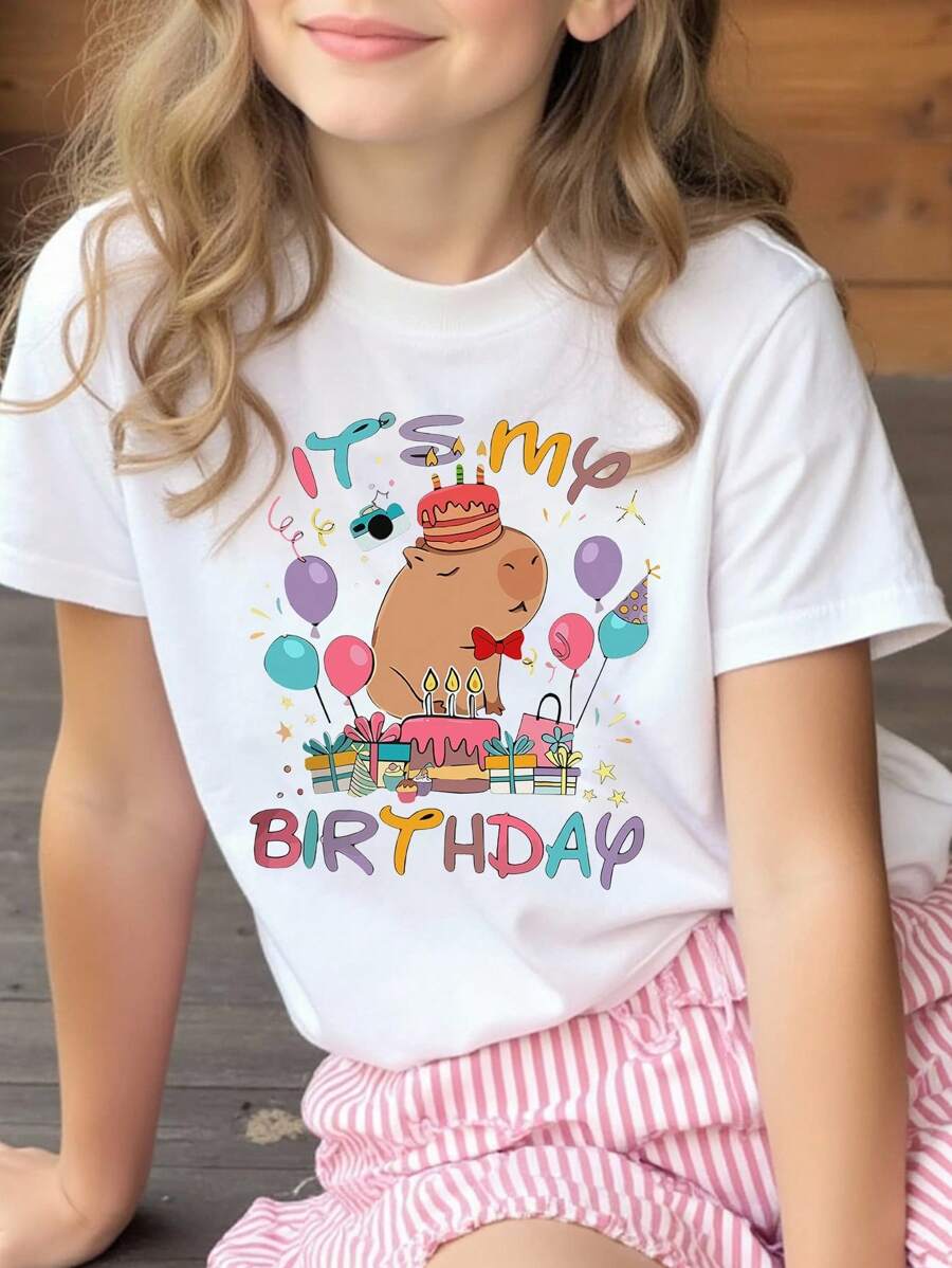青少年女孩休闲优雅生日贺卡夏威夷卡通字母印花圆领短袖 T 恤 - 白色 - 查看 1