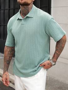 Manfinity Homme Men's Sage Green Knitted Short Sleeve Polo Shirt,High-End Textured Button-Up Collar Golf Shirt,Summer Casual Vacation Wear,Daily Commuting Polo Shirt - Green - View 1