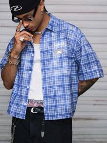 AXEPEAK Áo sơ mi nam cổ bẻ tay ngắn dáng rộng in kỹ thuật số nhiều kích cỡ phong cách đường phố - Màu xanh nhạt - Xem 3