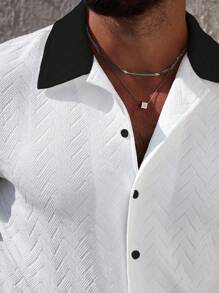 Manfinity CasualCool Bộ áo sơ mi tay ngắn và quần short vải họa tiết tương phản mùa hè dành cho nam Áo sơ mi nam mùa hè - Đen và trắng - Xem 6