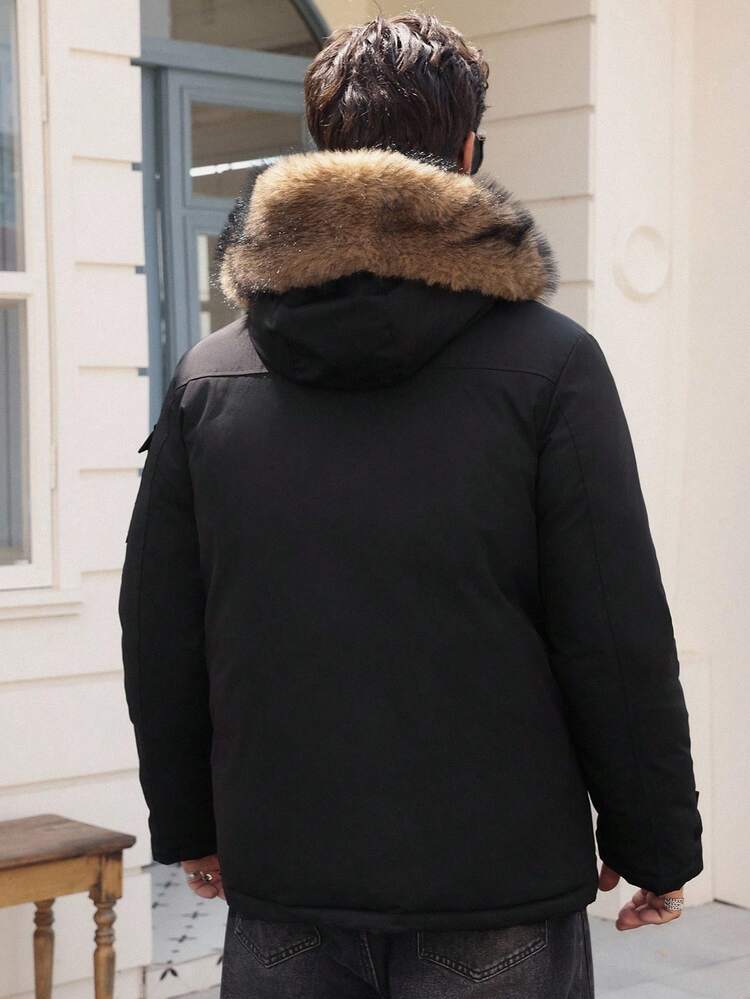 Men's Thick Padded Coat With Fluffy Collar, Black, Winter Jacket