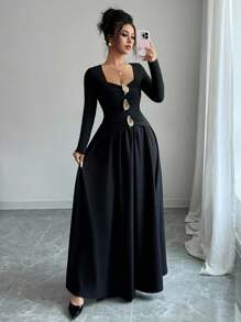 Elenzga 女士金属装饰甜心领长袖荷叶边优雅连衣裙 - 黑色 - 查看 5