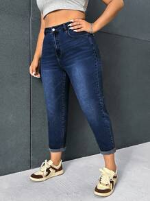 SHEIN ICON Kích thước lớn Của phụ nữ Denim Quần jean Với Túi - Rửa tối - Xem 5