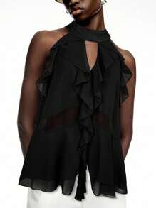 LYSMO 2025新款黑色荷叶边雪纺露背上衣搭配领带——波西米亚夏季风格 - 黑色 - 查看 5