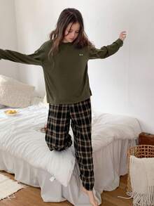 Hapijoa 青少年女孩圆领长袖宽松休闲上衣和裤子睡衣套装 - 軍綠色 - 查看 3