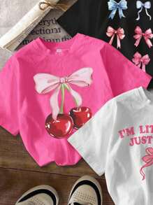 SHEIN Áo thun in họa tiết hoạt hình tối giản thường ngày cho bé gái tuổi teen, phù hợp cho mùa hè - Nhiều màu - Xem 3