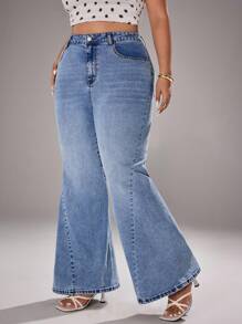 Jeanoix 大码蝴蝶刺绣口袋弹力喇叭牛仔裤 - 藍色 - 查看 3