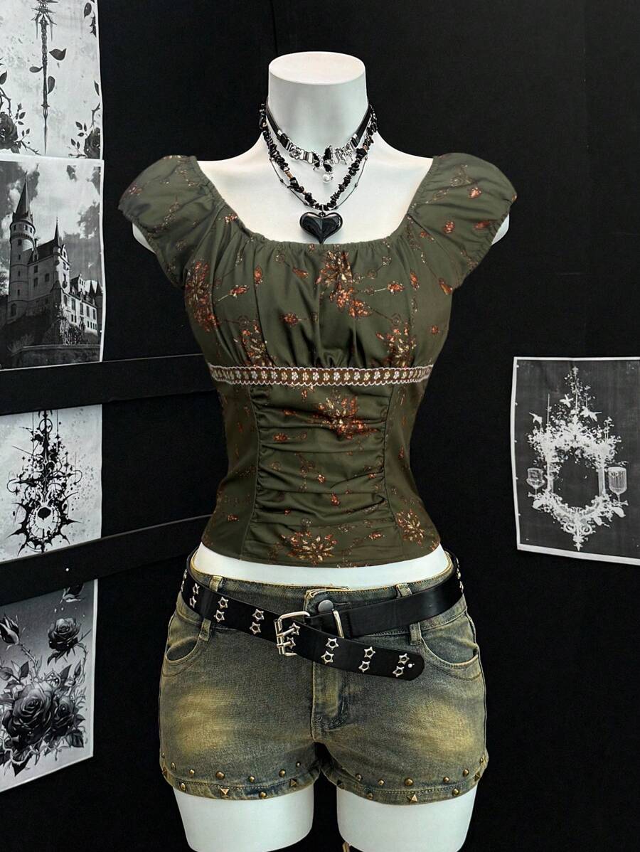 EgrlEra Blusa con cuello de volantes con estampado floral vintage, camisa de mujer elegante de estilo francés con pliegues ajustados