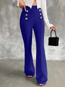 SHEIN Tall Pantalones acampanados de doble botonadura decorativa de talla alta - azul real - Ver 3