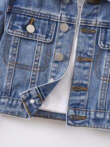 Young Girls Denim Jacket And Coat, Girls Casual Fashion Sweet All Season Arm Print Blue Butterfly Pattern Utility Denim Long Sleeve Blue Jacket, Casual & Sporty - Blue - View 7