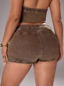 SHEIN Unity Plus Size Women's Stretchy Fitted Shorts, Summer - Brown - View 2