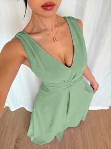 Breezaya Elegant V-Neck Ruched Waist Pearl Chiffon Wide Leg Jumpsuit, Suitable For Wedding Guest Dress, Purple - Mint Green - View 7