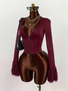 Amplova Fall Clothes For Women Winter Clothes Corset Metal Button Decor Fringed Tight Fit Jacket Elegant Burgundy Knit Cropped Jacket With Feathered Sleeves And Sophisticated Fit