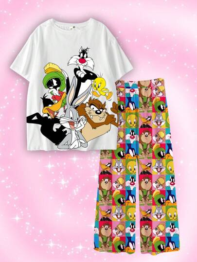 LOONEY TUNES X SHEIN Plus Size Summer Casual Cartoon Pattern Round Neck Short Sleeve T-Shirt And Shorts Pajama Set Cartoon Pajamas Tweety Bird Pajamas
