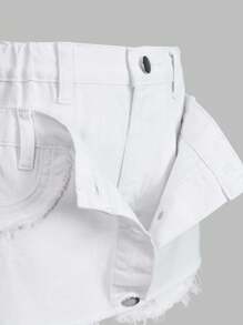 青少年女孩时尚双腰带纽扣设计白色牛仔短裤 - 白色 - 查看 6