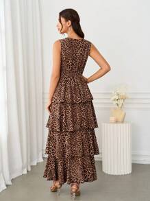 Ellevyn 女式 V 领收腰分层豹纹无袖蛋糕连衣裙，修身剪裁，优雅日常穿着，春夏秋 - 彩色 - 查看 3