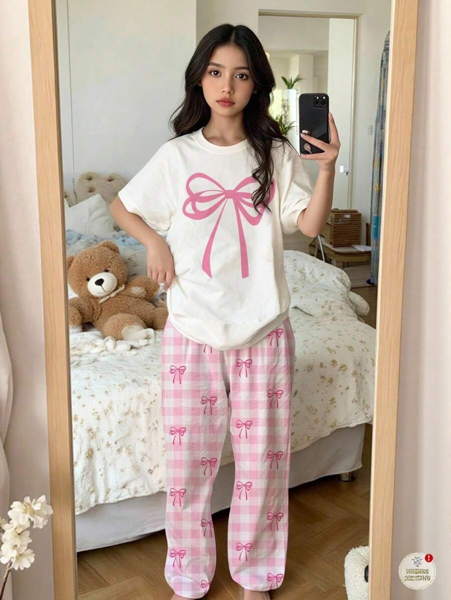 Sparklyn 2 件套青少年女孩蝴蝶结短袖 T 恤 + 蝴蝶结和格子印花长裤休闲甜美服装套装