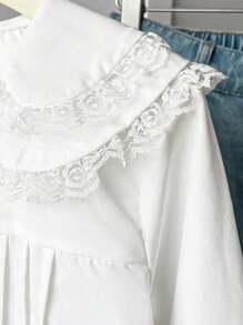 Tween Girl Ruffle Lace Patchwork Front Button Long Sleeve Shirt - White - View 6