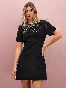 Vestido elegante de mujer decorado con cristales y perlas, para verano - Negro - Ver 5