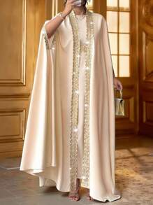 Elenzga 2 件套大码女士大码薄夹克和极简主义连衣裙，带金色花卉装饰，6 月上市 - 杏色 - 查看 6