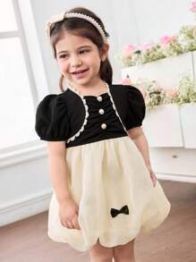 Rochie drăguță și elegantă cu mânecă scurtă, cu fundă și blocuri de culoare pentru bebeluși - Multicolor - Vizualizare 4