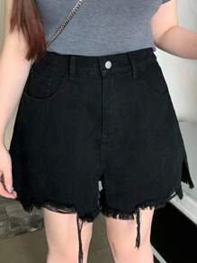 Dazy Plus 纯色牛仔不对称下摆磨边性感短裤 - 黑色 - 查看 1
