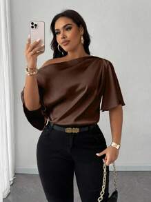 Maweii Plus Size Women's Sexy Asymmetric Neck Ruffle Trim Short Sleeve Elegant Casual Commuting Satin Blouse, Brown - Coffee Brown - View 1