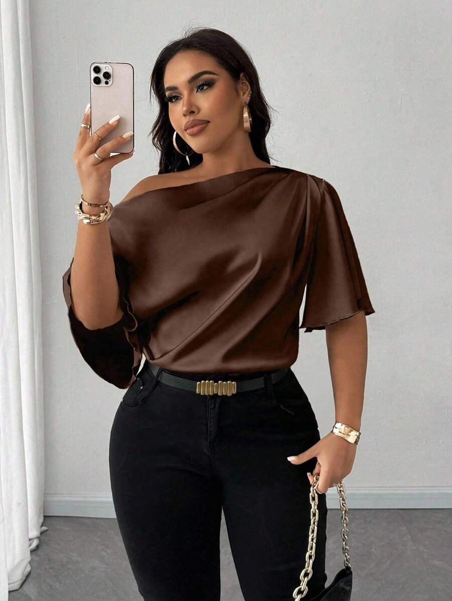 Maweii Plus Size Women's Sexy Asymmetric Neck Ruffle Trim Short Sleeve Elegant Casual Commuting Satin Blouse, Brown - Coffee Brown - View 1