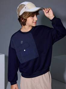 JNSQ 返校服，青少年男孩服装，儿童休闲运动长袖运动衫，秋季儿童圆领拼布口袋 3M 反光印花长袖运动衫上衣 - 藏蓝色 - 查看 3