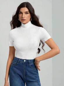 SHEIN Tall Camiseta básica de cuello alto de unicolor negro de manga corta para mujer - Blanco - Ver 6