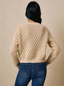 Poéselle Beige Crochet Knit Cardigan – Long Sleeve Hollow Out Button Down Sweater For Women,Crochet Cardigan Women,Knit Cardigan Sweater,Button Down Cardigan,Beige Knit Cardigan,Lightweight Cardigan,Boho Cardigan Women, Knitted Cardigan For Women In Fall/Winter - Apricot - View 2