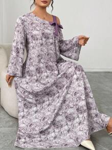 SHEIN Lacomfia 加大码秋季连衣裙，编织数字紫色蝴蝶结斜肩长袖宽松连衣裙 - 紫色 - 查看 3