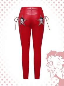 Betty Boop | ROMWE Quần da PU họa tiết ngôi sao và hoạt hình gợi cảm, màu đỏ, phong cách xe máy đường phố - Màu Đỏ Sâu - Xem 1