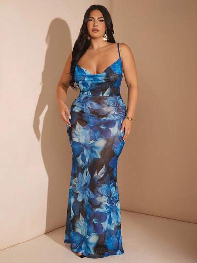 SHEIN BAE Plus Size Women Elegant White Off-Shoulder 3D Floral Dress, Suitable For Elegant Vacation, Music Festival, Beach Holiday, Wedding Guest/ Blue Floral Maxi Dress/ Plus Size Blue Maxi Dress/ Curve Maxi Dress/,Wedding Guest Dress Women,Fall Clothes For Women,Elegant Dresses For Women