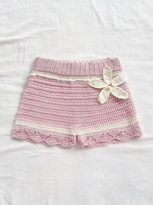 Soleia Pantalones cortos casuales de mujer beige con flores 3D tejidas, adecuados para vacaciones y días festivos de verano