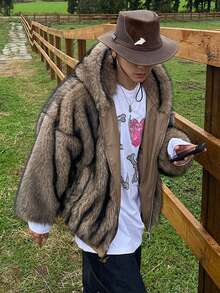 DAZY Men's Autumn Plush Fabric Embroidered Brown Hooded Furry Coat Jacket