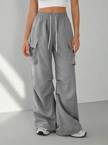SHEIN Tall Women's Summer Streetwear Sport Basic Flap Pocket Side Drawstring Waist Parachute Grey Cargo Pants