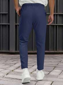 Manfinity Homme 男士實色修身西裝褲,不帶皮帶 - 藏蓝色 - 查看 2