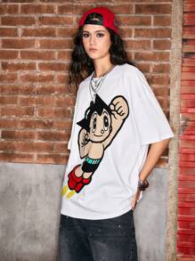 Astro Boy X ROMWE Casual Street Cartoon Figure Graphic Loose Fit Round Neck T-Shirt - White - View 6
