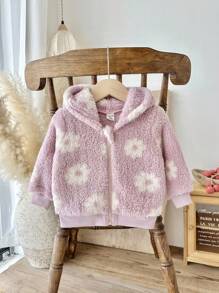 SHEIN 女婴休闲可爱双面花卉羊毛连帽夹克，长袖拉链外套，秋冬 - 粉色 - 查看 7