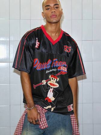 Paul Frank X ROMWE T-shirt de sport à manches courtes avec imprimé de dessin animé et patchwork en maille pour hommes