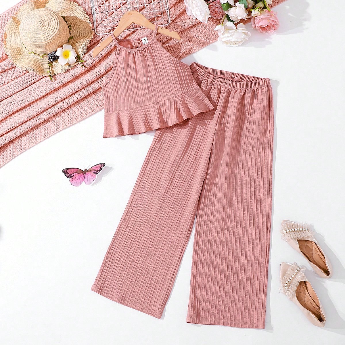 Set de top halter y pantalones de unicolor informal para vacaciones de niñas preadolescentes