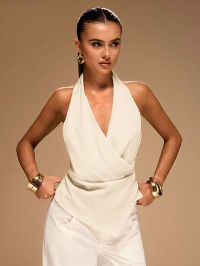 SHEIN BAE 女士性感度假风格简约纯色露背百褶吊带上衣，夏季