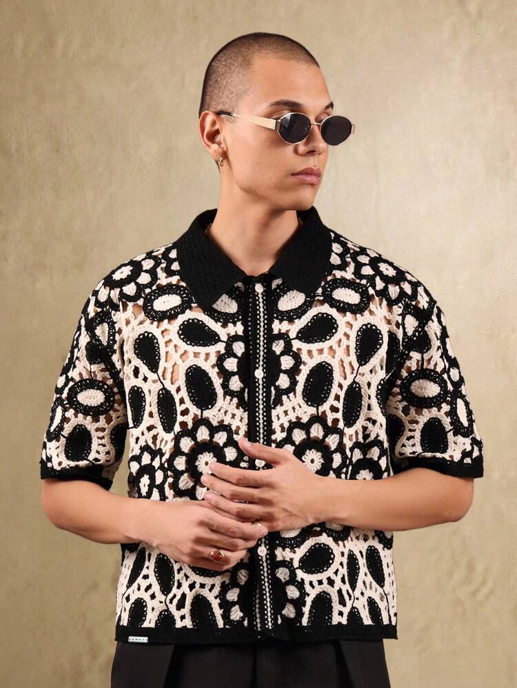 Embroidered Openwork Crochet Knit Short Sleeve Polo