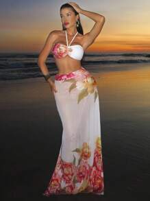 Swim SXY 3 件套女士性感时尚吊带系带比基尼上衣，可调节侧系带三角泳裤和花朵印花松紧腰长裙