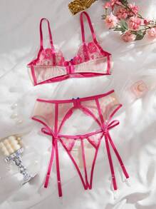 SHEIN 3pcs Sexy Embroidered Push-Up Bow Decor Women's Lingerie Set Floral Lingerie Set Custom Lingerie Set Bow Lingerie Set Birthday Lingerie Kawaii Lingerie, Going Out - Hot Pink - View 2